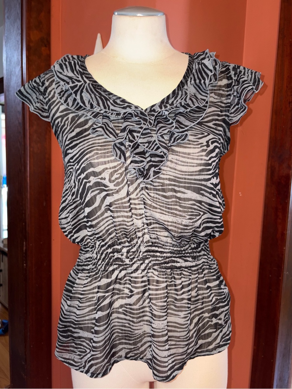 Miley Cyrus & Max Azria Y2K Black & White Zebra Print Ruffle Tie-Neck Blouse